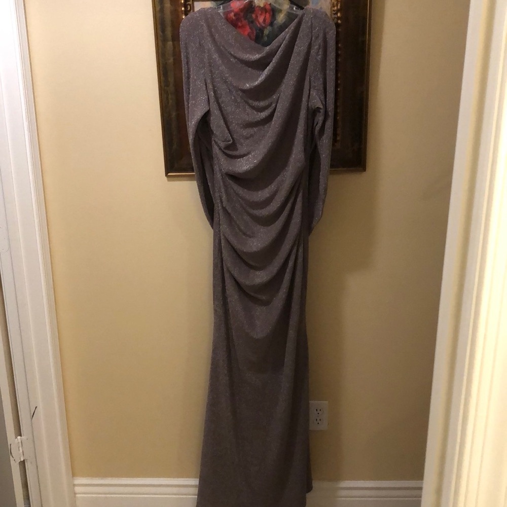 Betsey & Adam grecian faux sleeves, draped metallic, dramatic shawl v-back gown